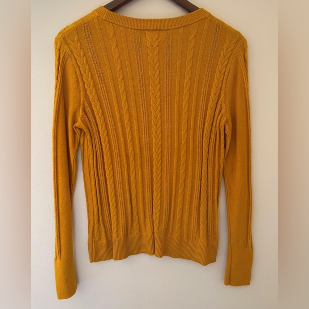 Mustard Yellow Cable Knit Sweater Long Sleeve Crewneck Cozy Fall Staple - Picture 3 of 3